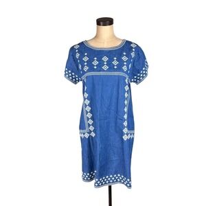 World Market Womens Blue Denim Embroidered Shift Dress Short Sleeve Boho M